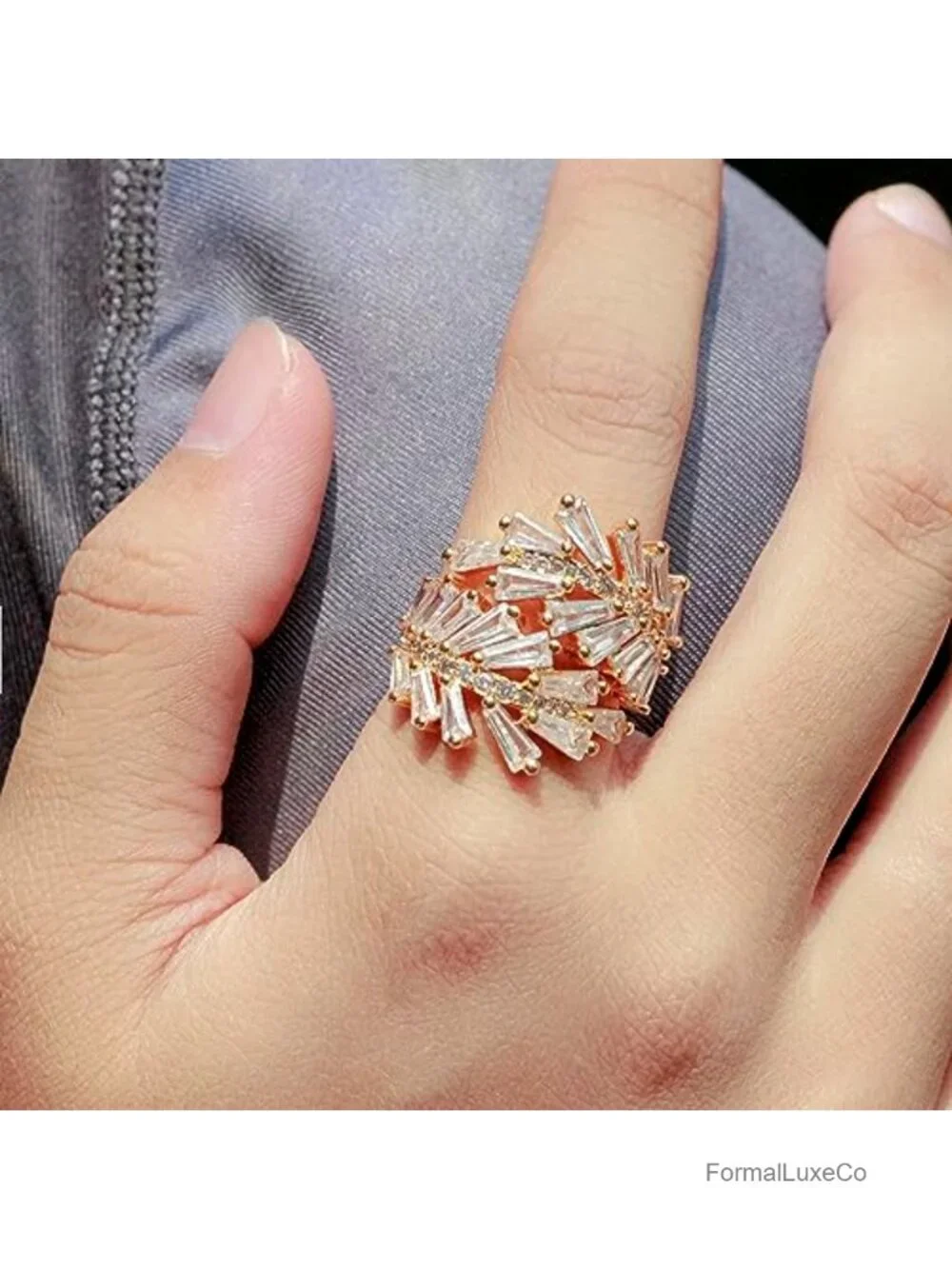 Adjustable Cocktail Statement Ring Gold Plated CZ Crystal Jewelry